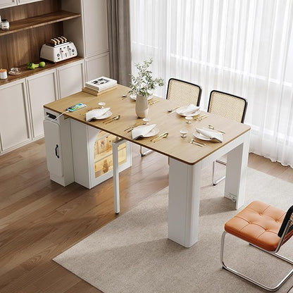 15.6"-59" L x 32.7” W Extendable Dining Table with 3 Removable Middle Leaves Arched Glass Door Power Outlet USB Ports Leveling Feet MDF Kitchen Island Bar Table for Small Spaces Cream White,Natural