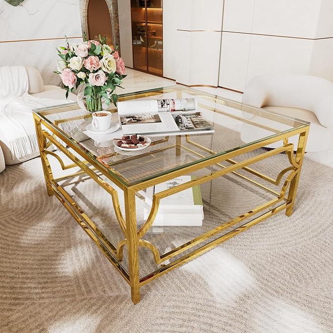 Harper & Bright Designs Square Glass Coffee Table in 33.5",Luxurious Geometric Metal Frame,Gold Finish & Lower Shelf