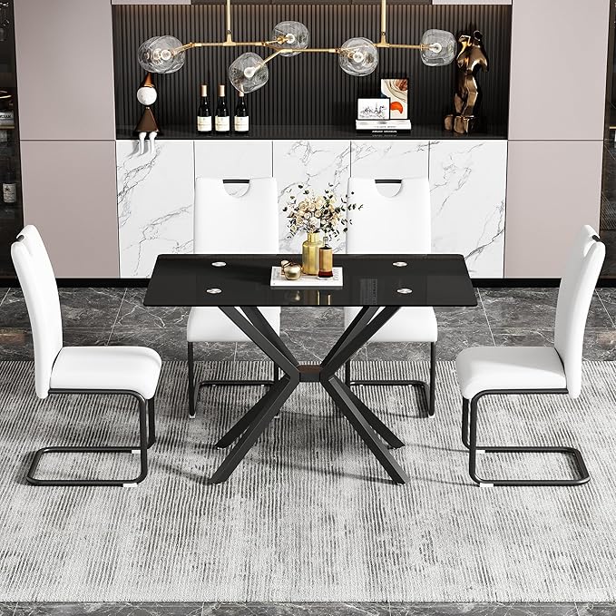 Rectangular Glass Dining Table,Glass Dining Room Table with Metal Legs, Modern Style Glass Kitchen Table for Home, Kitchen, Dining Room
