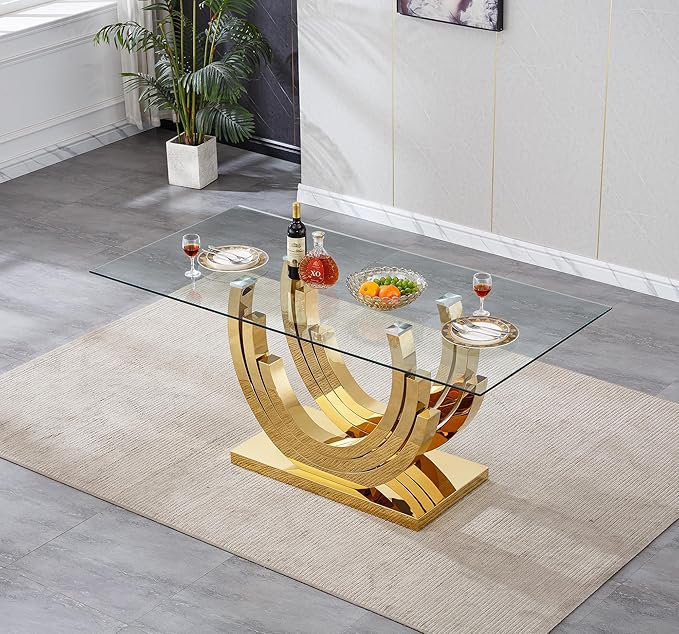 Dining Table for 4 6 People,70" Modern Glass Kitchen Dining Room Table with Tempered Glass Top and Gold Geometric Stainless Steel Pedestal,Luxurious Rectangle Dinner Table for Kitchen, Dining Room