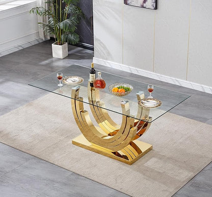 Dining Table for 4 6 People,70" Modern Glass Kitchen Dining Room Table with Tempered Glass Top and Gold Geometric Stainless Steel Pedestal,Luxurious Rectangle Dinner Table for Kitchen, Dining Room