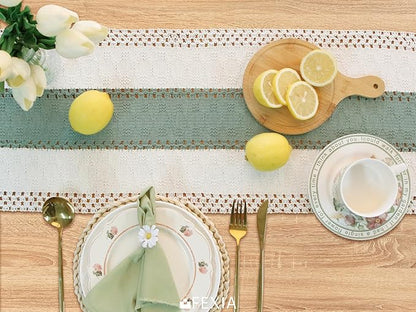 FEXIA Sage Green Table Runner 72 Inches Long with Tassels Boho for Easter Home Decor Rustic Macrame Farmhouse Table Cover for Srping Party Bohemian Bridal Shower Dining Decorations(12x72 Inches)