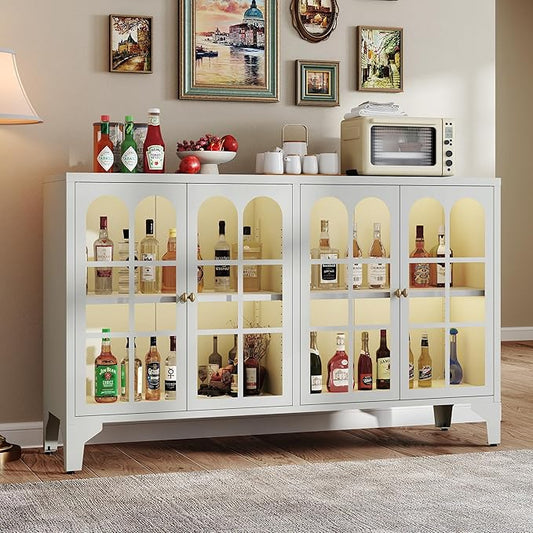 Foreate Sideboard Buffet Cabinet with Glass Door & LED Light, 53.2" Large Buffet Cabinet with Storage & Adjustable Shelf, Farmhouse Sideboard Credenzas Metal Kitchen Buffet, White