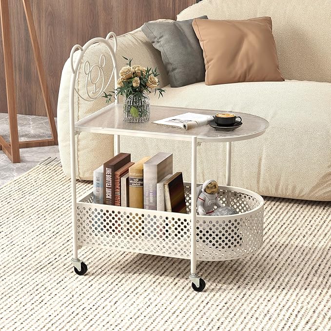 Giantex Mobile Glass Coffee Table, 2-Tier Modern Cocktail Table with Bear Pattern, Storage Basket & Metal Frame, Sofa Side Tea Table on Lockable Wheels, Center Table for Living Room, Bedroom (White)