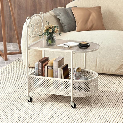 Giantex Mobile Glass Coffee Table, 2-Tier Modern Cocktail Table with Bear Pattern, Storage Basket & Metal Frame, Sofa Side Tea Table on Lockable Wheels, Center Table for Living Room, Bedroom (White)