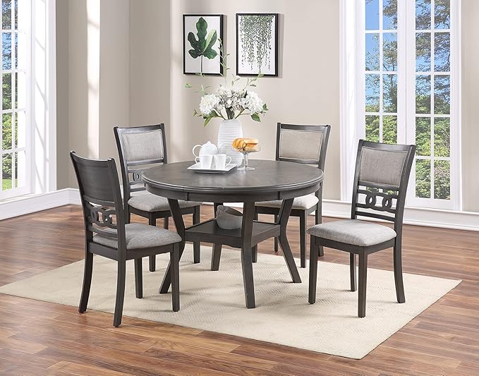 47" Classic Round Dining Table with Open Shelf, Kitchen Table with Robust Flared Legs, Elegant Restaurant Table with Sturdy Rubber Wood Construction for Living Room Kitchen Island Restaurant, Gray