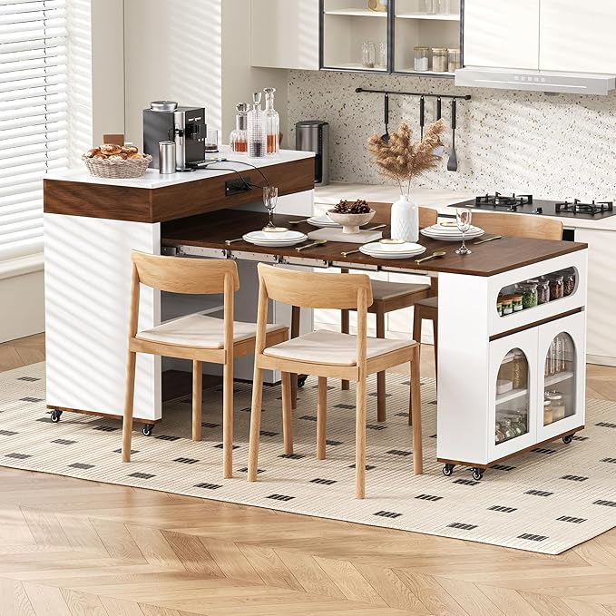 73.8''Kitchen Island with Extendable Dining Table for 4-6 Rolling Kitchen Island w/ Power Outlet | Multiple Storage Space Mobile Folding Storage Cart w/ Brake Lock for Dining Room, Walnut+Cream White