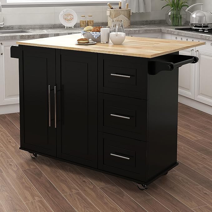 Modern Dining Table with and Extensible Solid Wood Table Top, Kitchen Island with Spice Rack, Towel Rack, Wood Table with, Counter, Consol