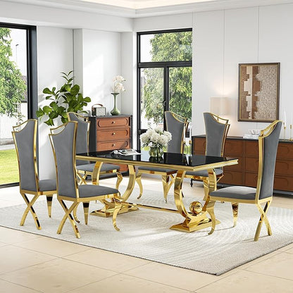 7-Piece Modern Luxury Dining Table Set, 70" Black Tempered Glass Dining Table with Gold Polished Stainless Steel U-Shaped Pedestal Base, 6 Gray Velvet X-Leg Dining Chairs, for Dining Room