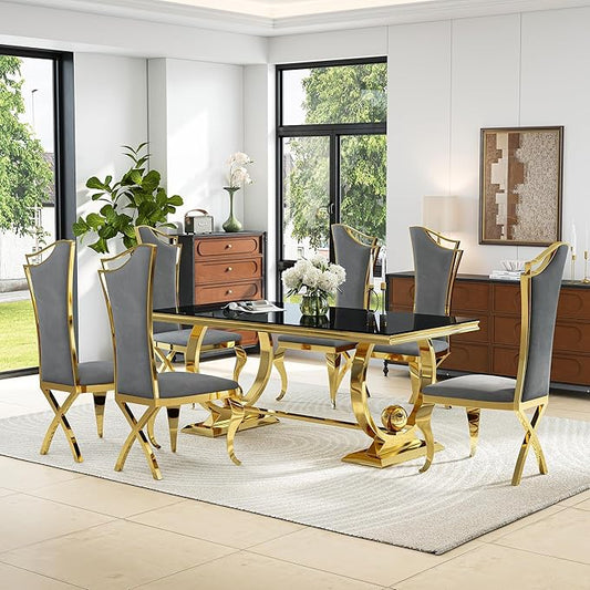 7-Piece Modern Luxury Dining Table Set, 70" Black Tempered Glass Dining Table with Gold Polished Stainless Steel U-Shaped Pedestal Base, 6 Gray Velvet X-Leg Dining Chairs, for Dining Room