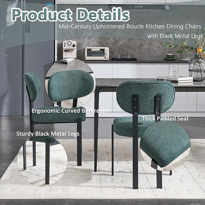 Set of 2 Modern Boucle Dining Chairs, Mid-Century Upholstered Chairs with Black Metal Legs, Ideal for Dining Room, Kitchen Island, Living Room, Bedroom, Home Office, Antique Green