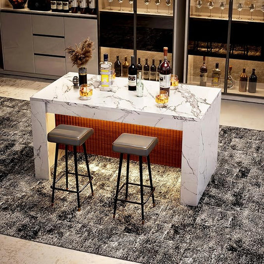 63" Large Imitation Marble Dining Table, Mordern Marble Stripes Kitchen Dining Table with Grille Design for 4 5 6 7 People, Island Table with LED Lights for Home Kitchen Living Room.