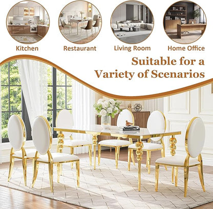 7 Piece Dining Table Set, 70 Inch Rectangular Glass Kitchen Table with 6 Round Back Leather Chairs, for Dining Room, Living Room, Restaurant (Gold-White)