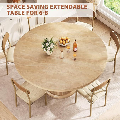 Jocoevol 47″–63″ Extendable Round Dining Table for 4–8 with Dust-Proof 2-Tier Storage Shelf Space-Saving Expandable Dining Room Table Wood Oval Circle Dining Table with Pedestal Base (Natural)