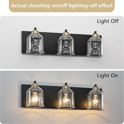 Vanity Lights for Bathroom Large 23", Farmhouse Rustic Vanity Light with Bubble Glass Shades, Black and Gold 3 Light Bathroom Lighting Fixtures Over Mirror, Bath Wall Sconce Home Decor