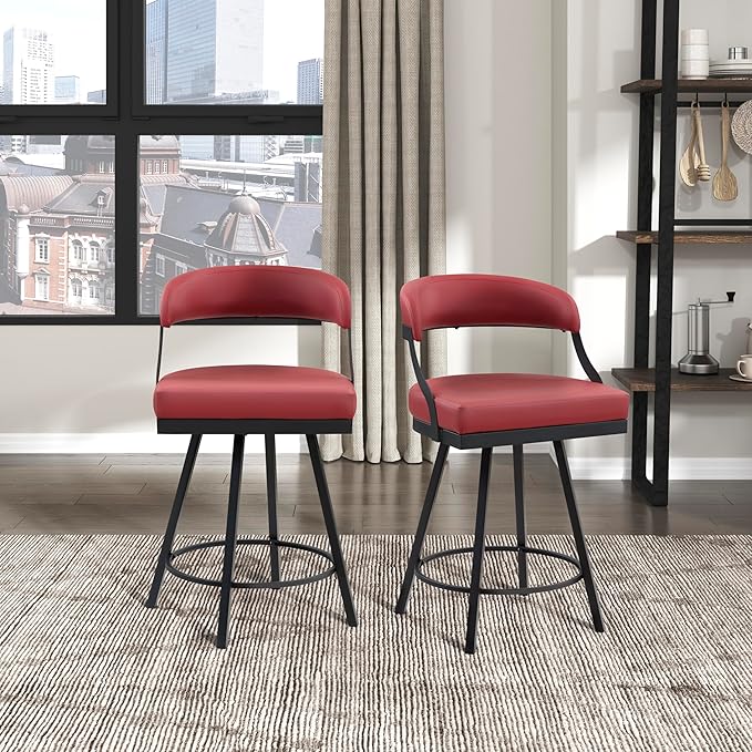 Lexicon Swivel Counter Height Stools Set of 2 - Counter Height Stools for Kitchen Island, Padded Seat, Open Back, Sturdy Black Metal Frame Finish and Red Faux Leather Cushion Seat, Red