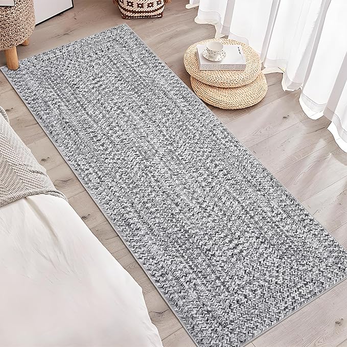 Printed Washable Runner Rugs 2x10 Rug for Living Room Bath Mat Modern Imitation Braided Bedroom Rug Non Slip Geometric Area Rug Kitchen Rugs Stain Resistant Carpet 2'x10' Light Grey