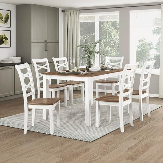 Lexicon Dining Table Set for 6 with Chairs, Wood 7 Piece Farmhouse Dining Room Table and Chairs Set of 6, Cross Back, Easy Assembly Seater for Indoor Home, Dinner, Kitchen, Cherry/White