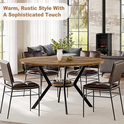 Round Dining Table for 4, 42 Inch Wood Kitchen & Dining Room Tables with Storage, Circle Breakfast Table with Metal Legs, Space Saving Dinner Table for Dining Room, Kitchen, Living Room, Rustic Brown