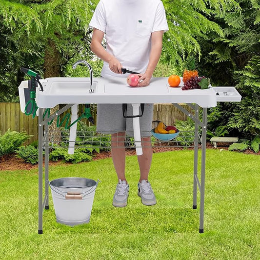 Dragosum 42'' Outdoor Fish Cleaning Table Portable Camping Sink Station with Double Sinks, Collapsible Swivel Faucet, Picnic Sink Table with 6pc Fish Cleaning Kit for Picnic Beach Patio (Grey)
