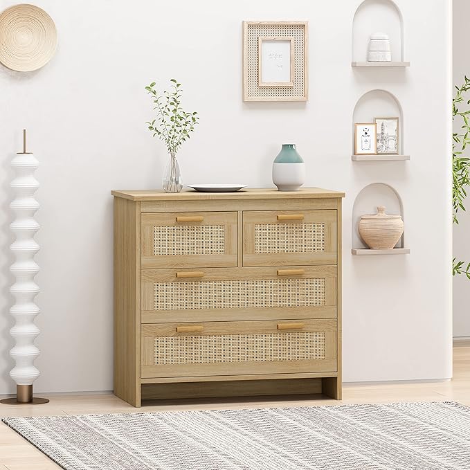 GDFStudio 31.5" Rattan Storage Cabinet with 4 Drawers, Modern Farmhouse Sideboard Buffet Cabinet, Wood Credenza Console Table for Living Room Dining Room Kitchen Hallway, Easy Assembly, Natural