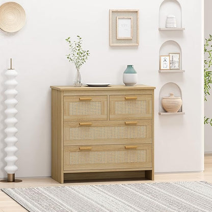 GDFStudio 31.5" Rattan Storage Cabinet with 4 Drawers, Modern Farmhouse Sideboard Buffet Cabinet, Wood Credenza Console Table for Living Room Dining Room Kitchen Hallway, Easy Assembly, Natural