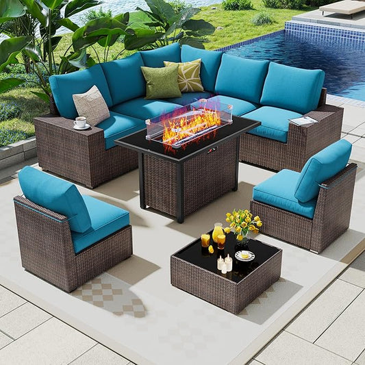 9 Piece Outdoor Patio Furniture Set with 43'' Fire Pit Table, Outdoor Sectional Furniture, Rattan & Wicker Modern Modular Conversation Set Sofa Couch W/Water Resistant Thick Cushions,Brown/Peacockblue