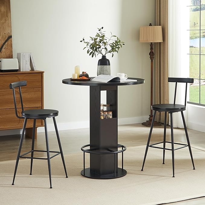 SOFTSEA 3 Pieces Round Bar Height Table and Chairs Set, Round Dining Table Set with Storage, Wood Pub Table and Chairs for Small Space, Black