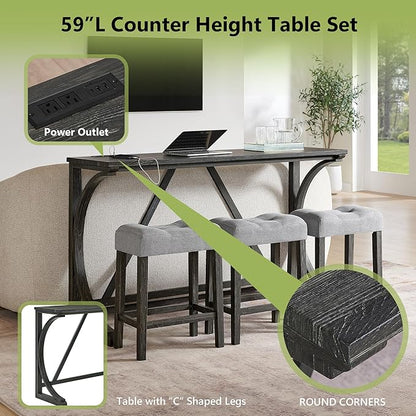 Merax 59 Inch Industrial Bar Table Set with Power Outlet, 3 Linen Upholstered Stools, Counter Height Table Set with 24 Inch Seat Height Stools for Kitchen, Living Room,Black+Light Gray