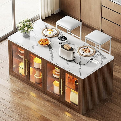 Kitchen Island with Storage, 55" W Large Island Table with LED Light for Dining Room, Kitchen Carts on Wheels Breakfast Bar Table w/Power Outlet, Walnut