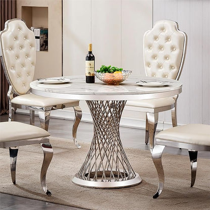 47" Round Marble Dining Table for 4-6, Luxury Modern Kitchen Table with Marble Grain MDF tabletop & Silver Mirrored Stainless Steel Pedestal Base, White Stone Dinner Table for Dining Room (Table Only)