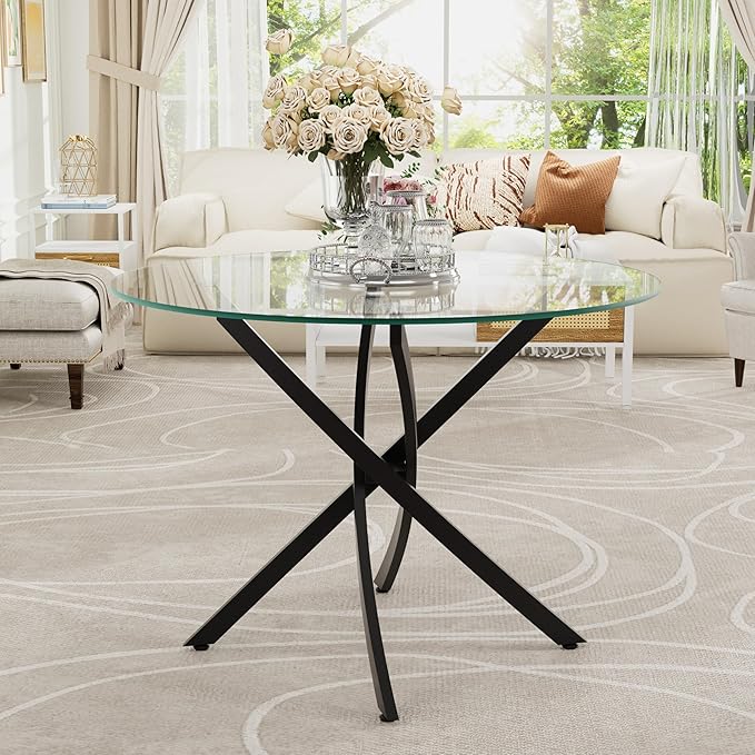 36-Inch Round Tempered Glass Dining Table for 2-4 Person Space-Saving Small Kitchen Table with Heavy-Duty Black Metal Legs Perfect for Breakfast Nook, Studio Apartment & Bistro Setting