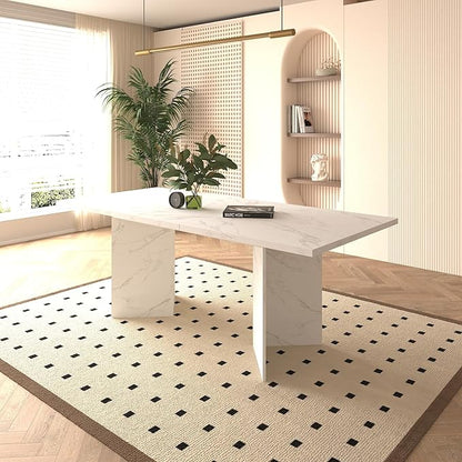 Extendable Dining Room Table for 6 8 10, Modern Faux Marble Wooden Long Large Rectangular Expanding Conference Kitchen Table, White