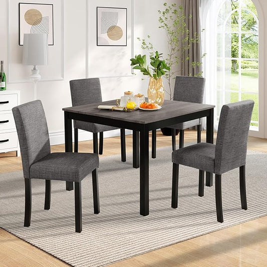 5-Piece Dining Table Set for 4, Wooden Kitchen Table and Chairs Set of 4, Square Dining Room Table with Upholstered Seats for Kitchen and Dining, Light Grey & Black Two Tone
