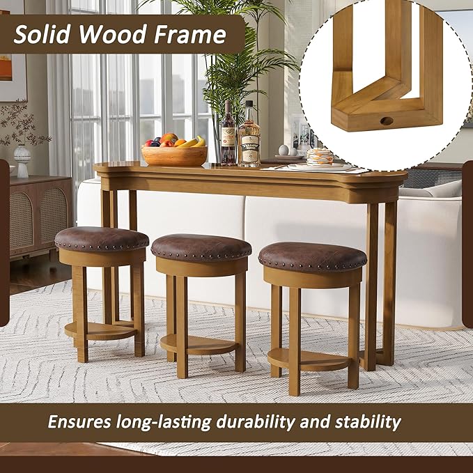 Bar Table and Chairs Set of 4 with 3 PU Upholstered Bar Stools, Breakfast Bar Table, Solid Wood Bar Height Dining Table Set, for Kitchen, Living Room, Party Room, Small Space (Natural)