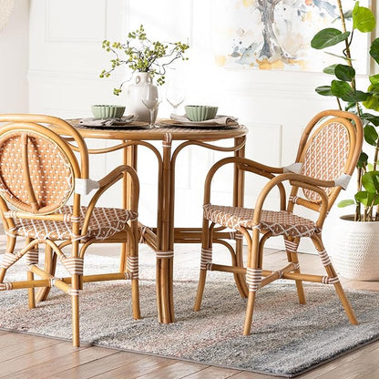 Bali & pari Mattie Rattan Bistro Chair - Handwoven Cafe-Style Dining Chair with Curved Arms for Kitchen Island or Indoor/Outdoor Lounge, Honey Natural & White