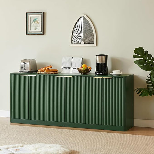Ball & Cast 67" Modern Fluted Sideboard Buffet Cabinet with Storage,Curved Design Kitchen Coffee Bar Cabinet with 6 Doors & Shelves,Wood Credenza Cabinets Media Console for Living Room,Green