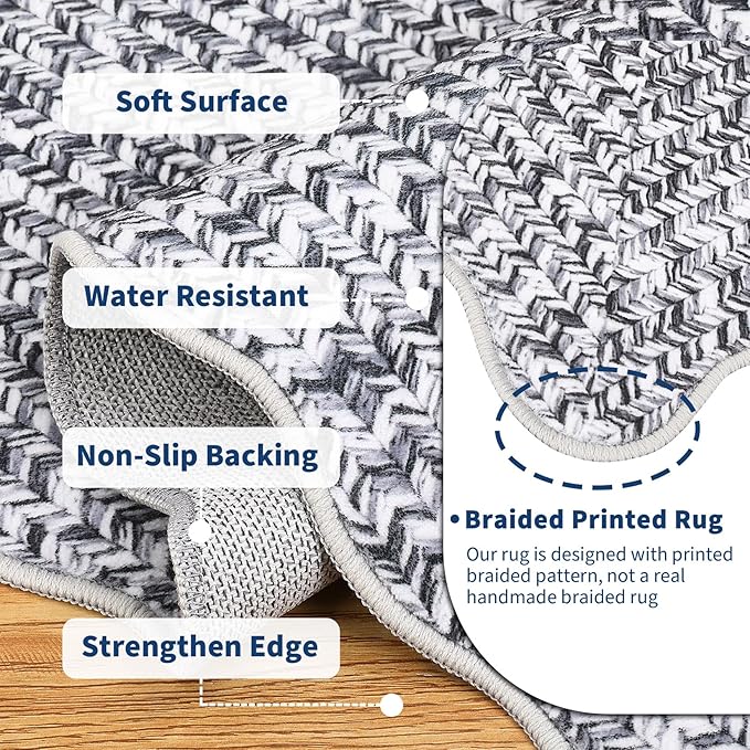 Imitation Braided Collection-Print 4x6 Rug Washable Area Rug Bedroom Rugs with Non Slip Rubber Backing, Farmhouse Soft Low Pile Rustic Accent Rug for Entrance Living Room Home Decor