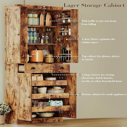 IRONCK Kitchen Pantry Cabinet 72" Height, Freestanding Cupboard with Drawer, Sliding Storage Rack, and 6 Hanging Shelves for Dining Room, Laundry, Living Room, Vintage Brown