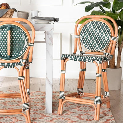 Bali & pari Mattie Rattan Bistro Counter Stool - Handwoven Accent Seating with Backrest for Kitchen Island or Indoor/Outdoor Lounge, Dark Teal Green & White