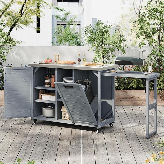 78.3" Outdoor Kitchen Island with Foldable Grill Table & Storage, Wooden Cart with Stainless Steel Top, Trash Can Holder, Bar Cart for Patio Lawn Garden (78.3"+Grey Blue)