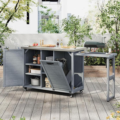 78.3" Outdoor Kitchen Island with Foldable Grill Table & Storage, Wooden Cart with Stainless Steel Top, Trash Can Holder, Bar Cart for Patio Lawn Garden (78.3"+Grey Blue)