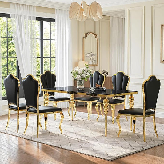 Luxurious 7 Piece Dining Table Set, 70 Inch Black Glass Kitchen Table and 6 Black Petal Back Chairs with Gold Stainless Steel Legs, for Dining Room, Living Room, Restaurant