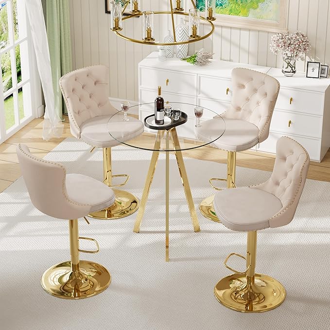 Clear Glass High Bar Table & 4 Adjustable Velvet Barstools Island Chairs, 5 PCS Round Farmhouse Bistro Pub Table Set, Swivel Counter Height Chairs (Gold Metal Legs, Clear Top + Beige Chair)