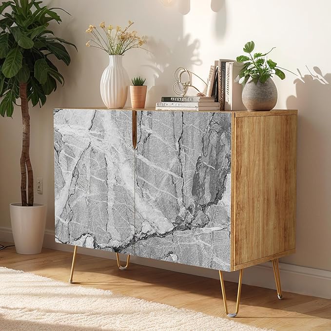 SIGNWIN Sideboard Buffet Cabinet, Kitchen Storage Cabinet with 2 Doors, Gray & White Granite Stonewash Style, Cupboard Console Table for Dining Room - 35" L x 18" W x 29" H