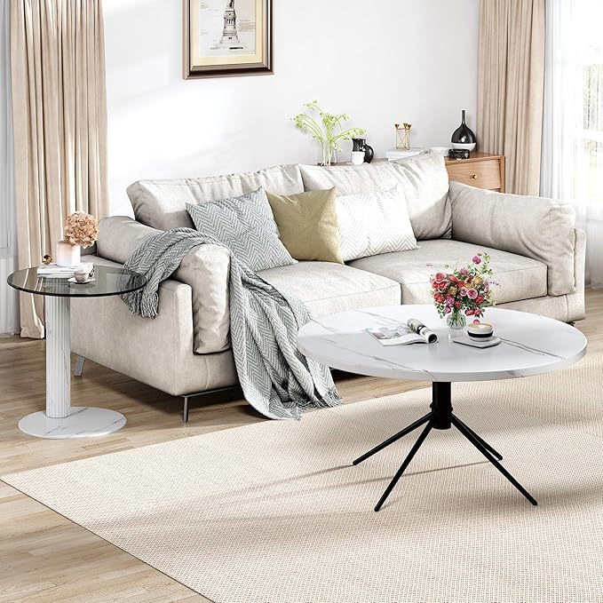 Hooseng Set of 2 Round Coffee Tables, Faux Marble Top and Modern Tempered Transparent Glass Top,Perfect for Living Room,Cafe,Home,and Office(Coffee Table+Side Table)