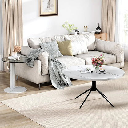 Hooseng Set of 2 Round Coffee Tables, Faux Marble Top and Modern Tempered Transparent Glass Top,Perfect for Living Room,Cafe,Home,and Office(Coffee Table+Side Table)
