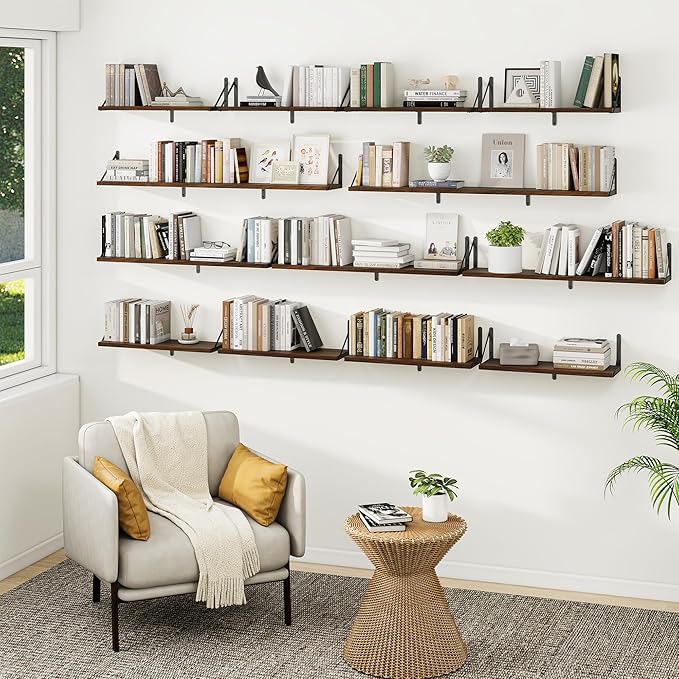 Heimlove Floating Book Shelves for Wall,23.6 Inches Wall Bookshelf Mounted Display&Storage Wood Shelves for Kitchen Bathroom Laundry Living Room,Set of 3,Walnut Color