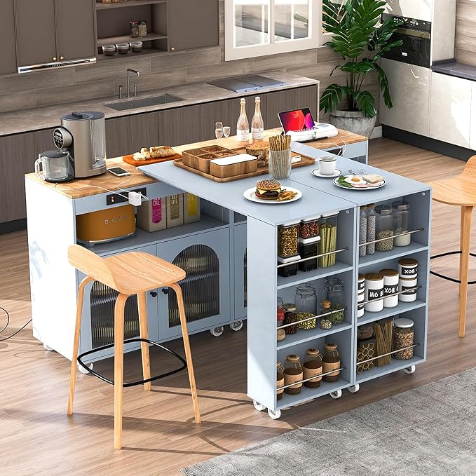 Rolling Kitchen Island with Extended Table and LED Lights,Power Outlets and 2 Fluted Glass Doors,Storage Compartment and Side 3 Open Shelves,for Kitchen (Grey@r)