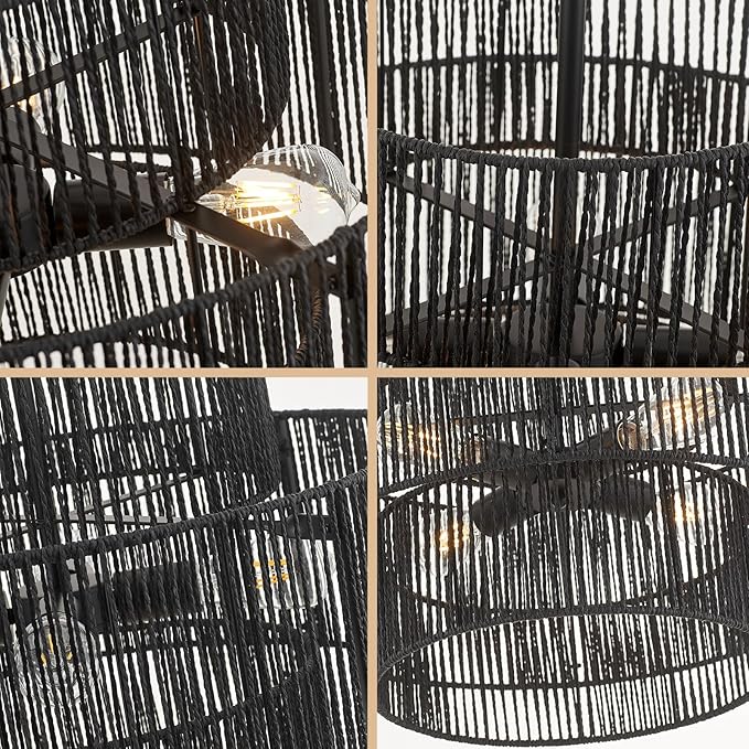 24” Boho Hand Woven Rattan Chandelier 3 Round Adjustable 4-Light Large Pendant Light for Kitchen Island Dining Room Living Room Hallway, Black, UL Listed